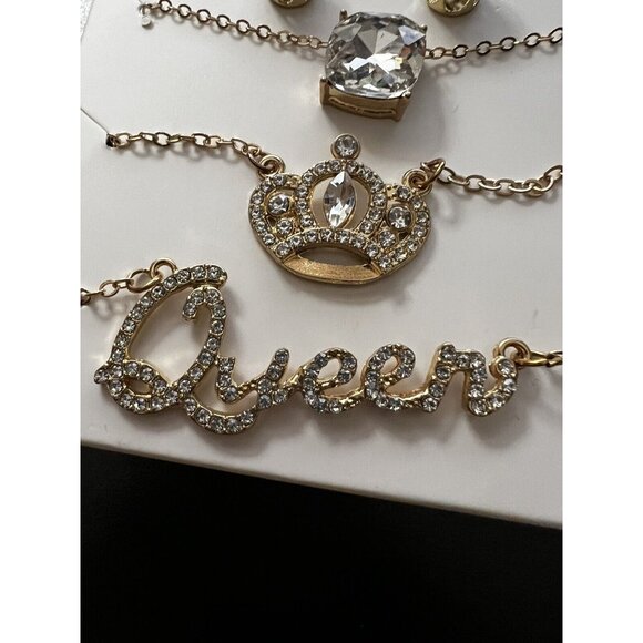 Blingy Set of Gold Chain Necklaces w QUEEN CROWN & Large Faux Diamond w Earrings - Picture 4 of 7